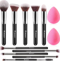 Pinceau Maquillage Pour Fond de Teint Blush L'anti-cernes Fard à Paupières Poudre Libre, Avec Blender Eponge(10+2pcs, Noir/Argent).