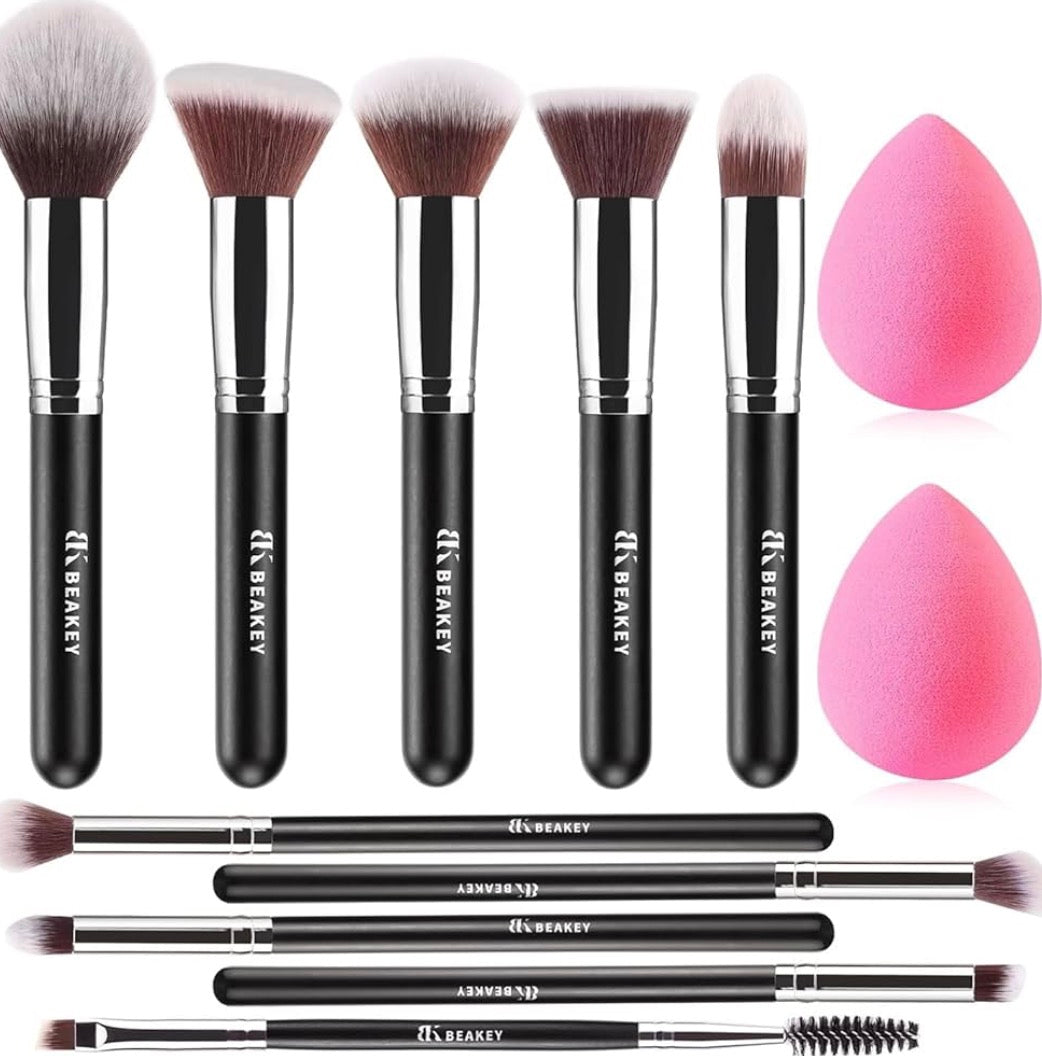 Pinceau Maquillage Pour Fond de Teint Blush L'anti-cernes Fard à Paupières Poudre Libre, Avec Blender Eponge(10+2pcs, Noir/Argent).