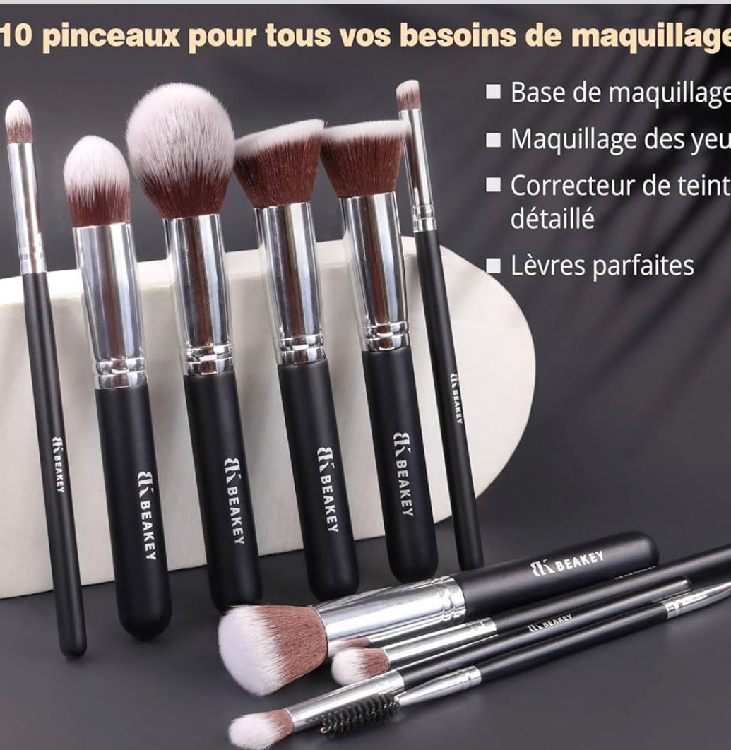 Pinceau Maquillage Pour Fond de Teint Blush L'anti-cernes Fard à Paupières Poudre Libre, Avec Blender Eponge(10+2pcs, Noir/Argent).